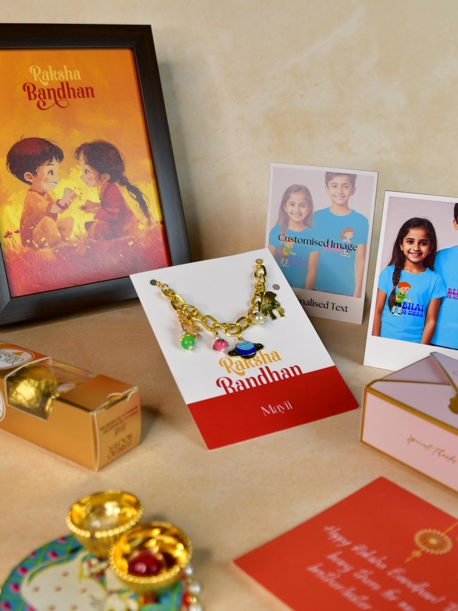 Sowpeace Exquisite Metal Abstract Rakhi Pack of 1 with Roli Chawal Thali, Chocolates, Photo Frame, Poloroids and Greeting card combo for Raksha Bandhan and Gifting - Rakhi - Sowpeace - Default Title - RAK - GLX - HND - P7 - Sowpeace