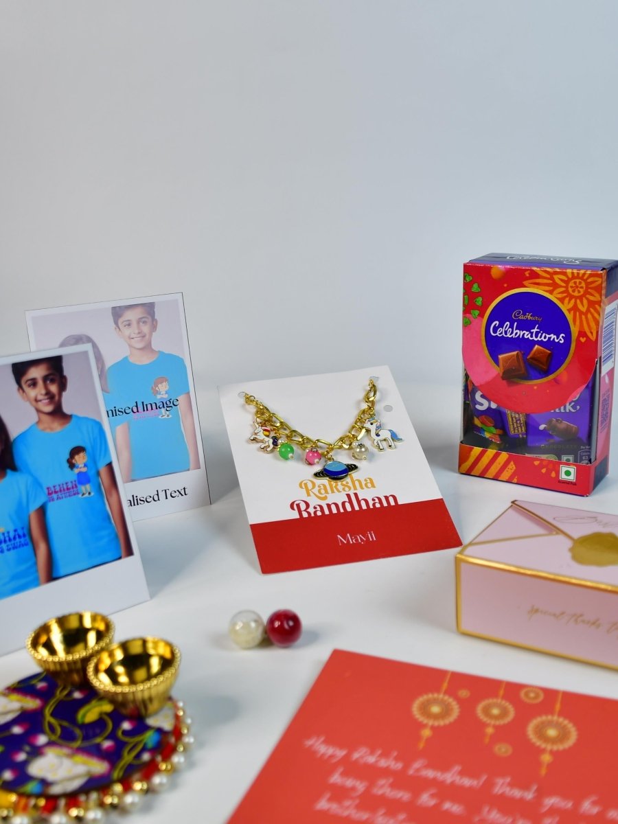 Sowpeace Exquisite Metal Abstract Rakhi Pack of 1 with Roli Chawal Thali, Chocolates, Poloroids and Greeting card combo for Raksha Bandhan and Gifting - Rakhi - Sowpeace - Default Title - RAK - GLX - HND - P5 - Sowpeace