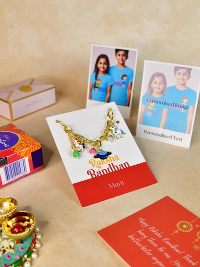 Sowpeace Exquisite Metal Abstract Rakhi Pack of 1 with Roli Chawal Thali, Chocolates, Poloroids and Greeting card combo for Raksha Bandhan and Gifting