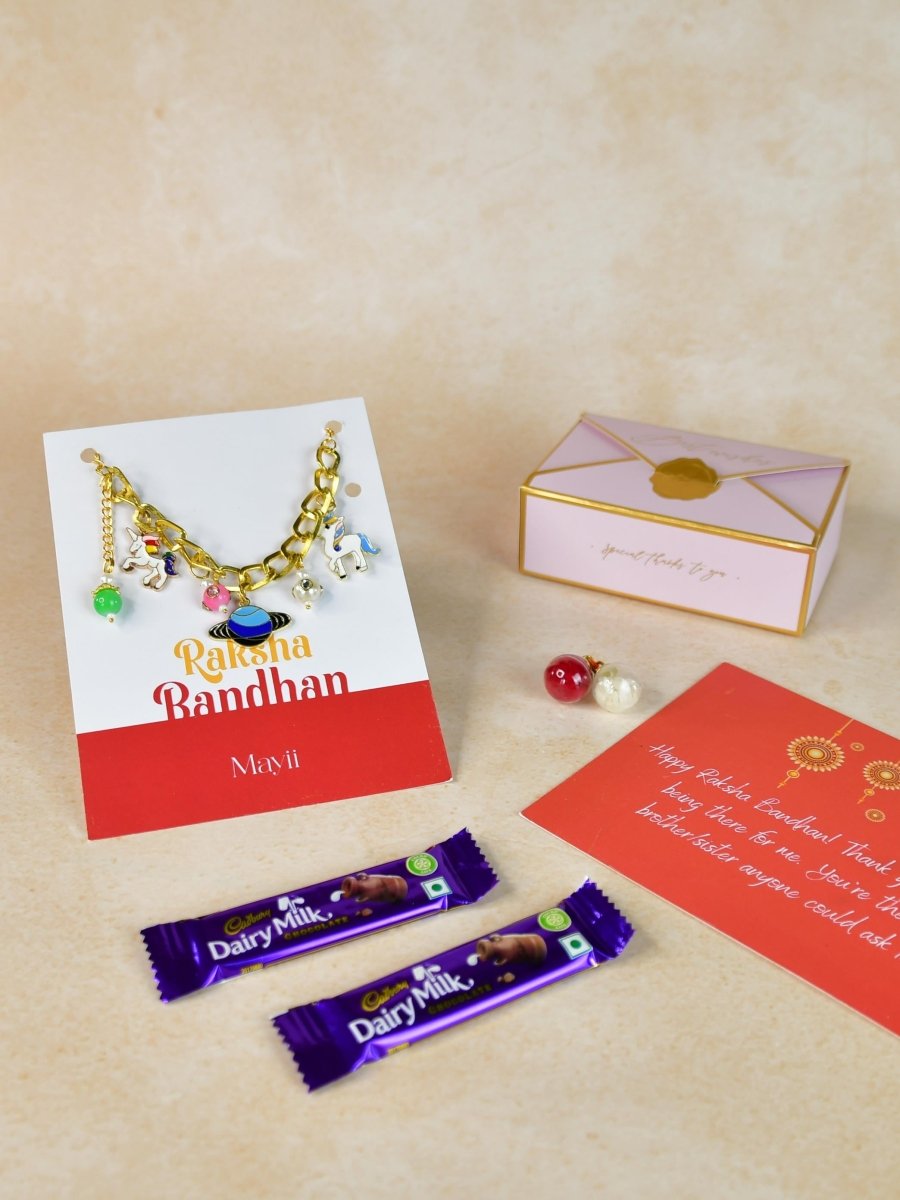 Sowpeace Exquisite Metal Abstract Rakhi Pack of 1 with Roli Chawal Thali, two Chocolates, and Greeting card combo for Raksha Bandhan and Gifting - Rakhi - Sowpeace - Default Title - RAK - GLX - HND - P2 - Sowpeace