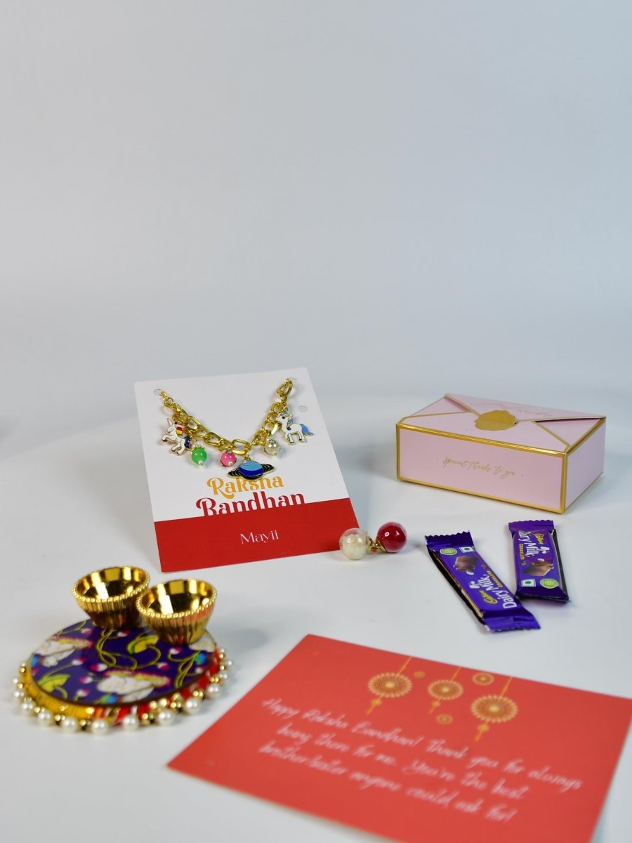 Sowpeace Exquisite Metal Abstract Rakhi Pack of 1 with Roli Chawal Thali, two Chocolates, and Greeting card combo for Raksha Bandhan and Gifting - Rakhi - Sowpeace - Default Title - RAK - GLX - HND - P2 - Sowpeace