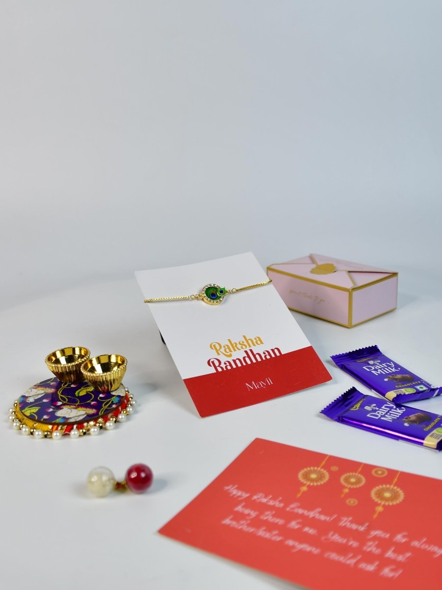 Sowpeace Exquisite Peacock Rakhi Pack of 1 with Roli Chawal Thali, Chocolates, and Greeting card combo for Raksha Bandhan and Gifting - Rakhi - Sowpeace - Default Title - RAK - CIRPK - HND - P3 - Sowpeace