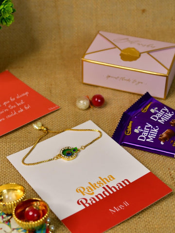 Sowpeace Exquisite Peacock Rakhi Pack of 1 with Roli Chawal Thali, Chocolates, and Greeting card combo for Raksha Bandhan and Gifting - Rakhi - Sowpeace - Default Title - RAK - CIRPK - HND - P3 - Sowpeace