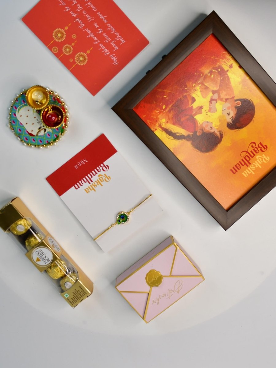 Sowpeace Exquisite Peacock Rakhi Pack of 1 with Roli Chawal Thali, Chocolates, Photo Frame and Greeting card combo for Raksha Bandhan and Gifting