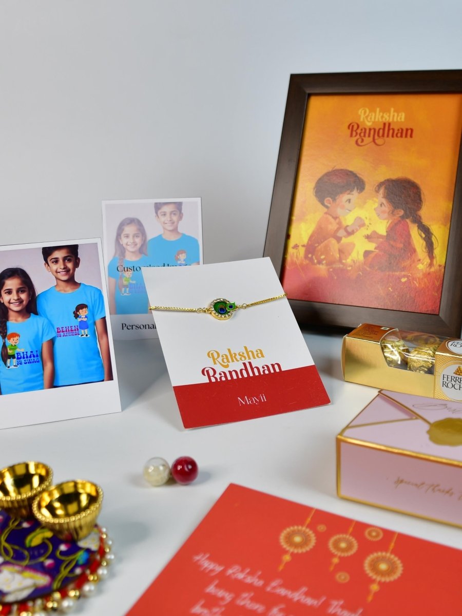 Sowpeace Exquisite Peacock Rakhi Pack of 1 with Roli Chawal Thali, Chocolates, Photo Frame, Poloroids and Greeting card combo for Raksha Bandhan and Gifting - Rakhi - Sowpeace - Default Title - RAK - CIRPK - HND - P7 - Sowpeace