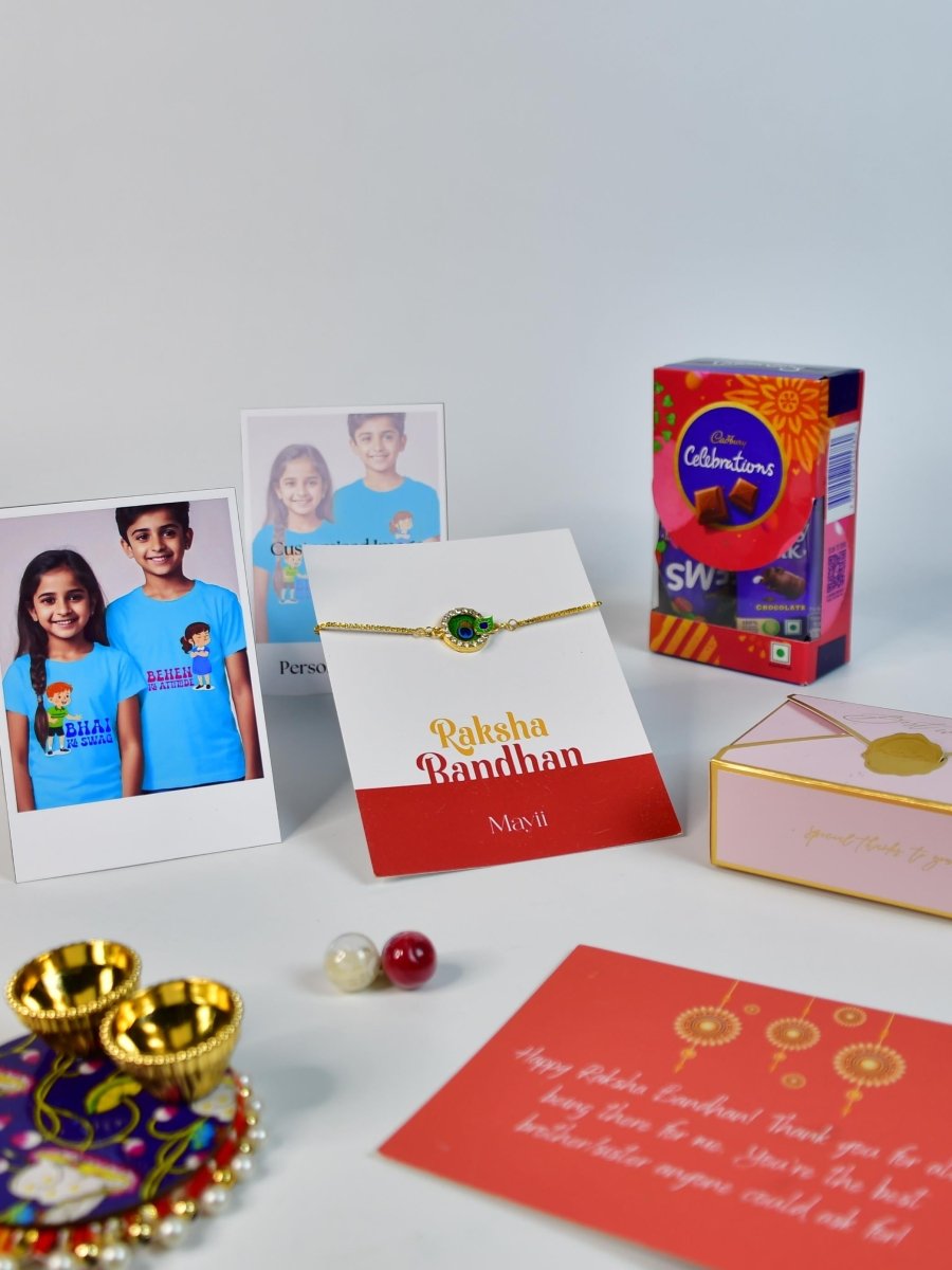 Sowpeace Exquisite Peacock Rakhi Pack of 1 with Roli Chawal Thali, Chocolates, Poloroids and Greeting card combo for Raksha Bandhan and Gifting