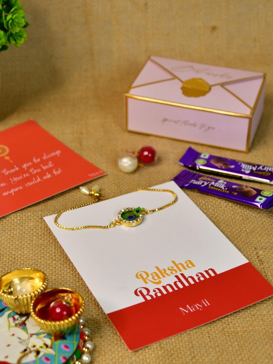 Sowpeace Exquisite Peacock Rakhi Pack of 1 with Roli Chawal Thali, two Chocolates, and Greeting card combo for Raksha Bandhan and Gifting - Rakhi - Sowpeace - Default Title - RAK - CIRPK - HND - P2 - Sowpeace