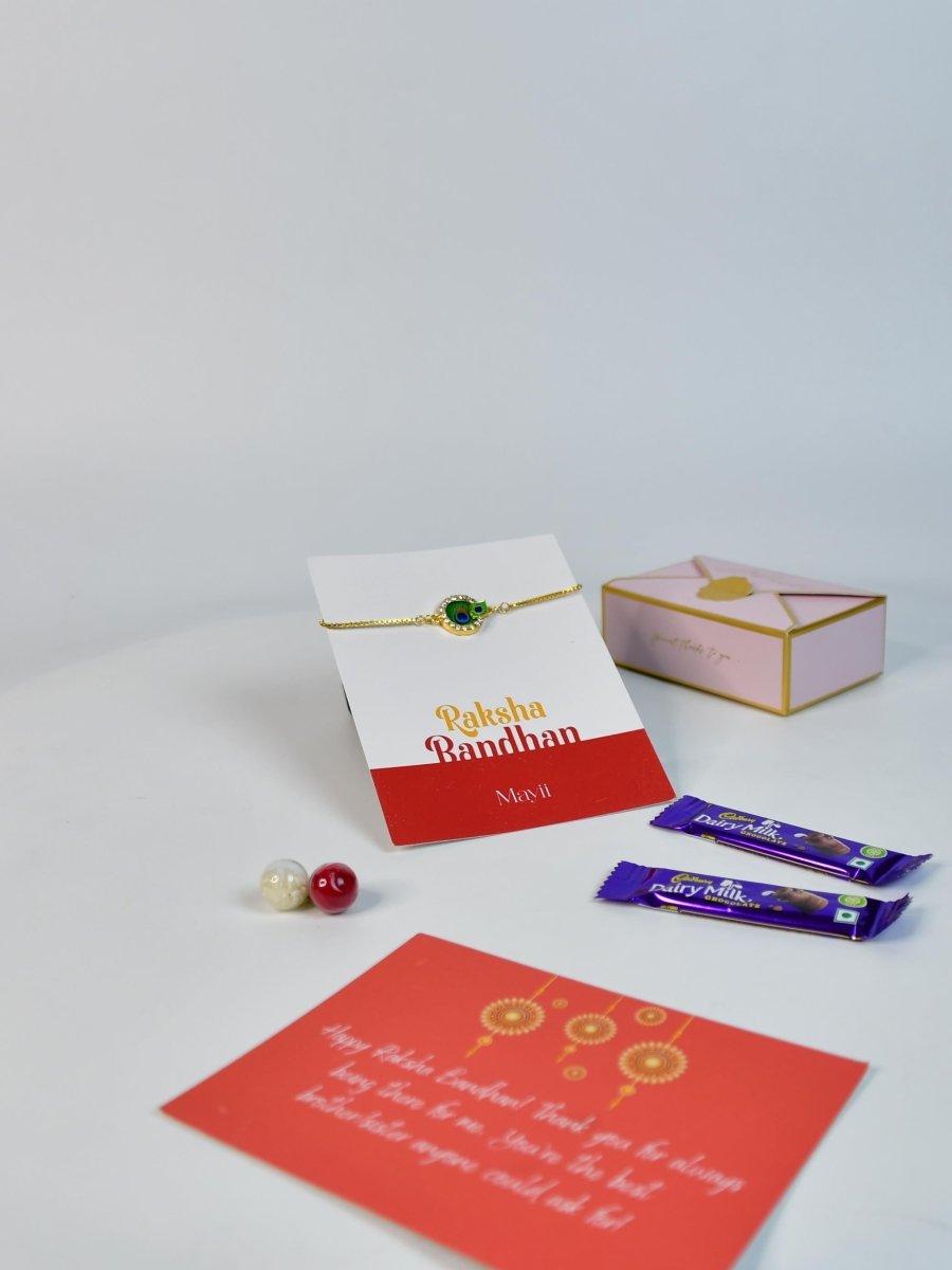 Sowpeace Exquisite Peacock Rakhi Pack of 1 with Roli Chawal Thali, two Chocolates, and Greeting card combo for Raksha Bandhan and Gifting - Rakhi - Sowpeace - Default Title - RAK - CIRPK - HND - P2 - Sowpeace