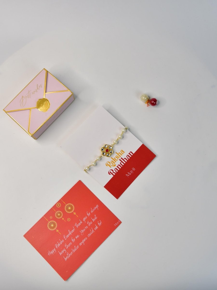 Sowpeace Exquisite Pearl Rakhi Pack of 1 with Roli Chawal and Greeting card combo for Raksha Bandhan and Gifting