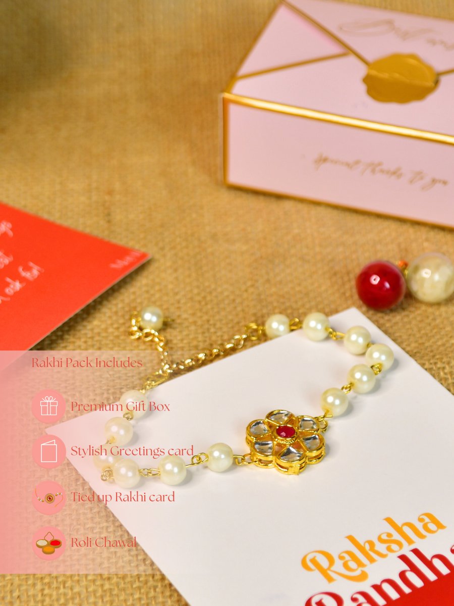 Sowpeace Exquisite Pearl Rakhi Pack of 1 with Roli Chawal and Greeting card combo for Raksha Bandhan and Gifting