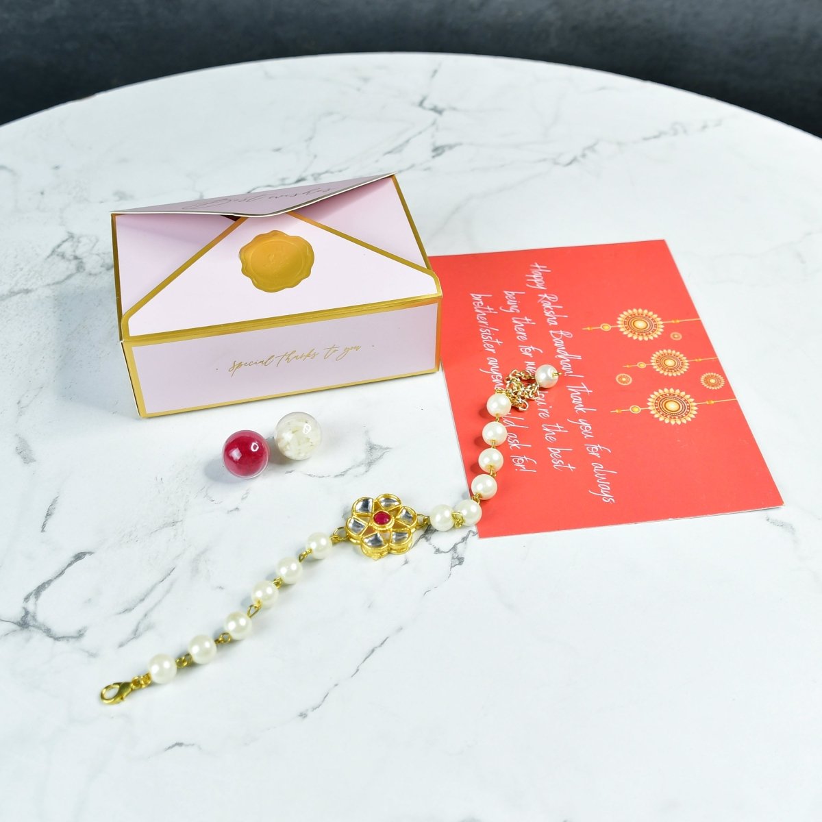 Sowpeace Exquisite Pearl Rakhi Pack of 1 with Roli Chawal and Greeting card combo for Raksha Bandhan and Gifting