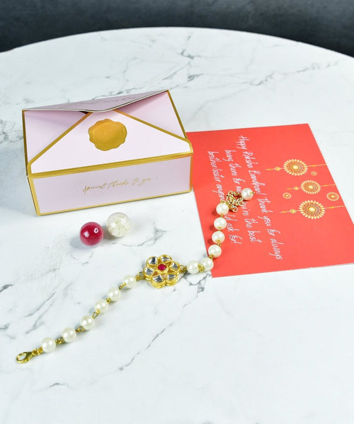 Sowpeace Exquisite Pearl Rakhi Pack of 1 with Roli Chawal and Greeting card combo for Raksha Bandhan and Gifting