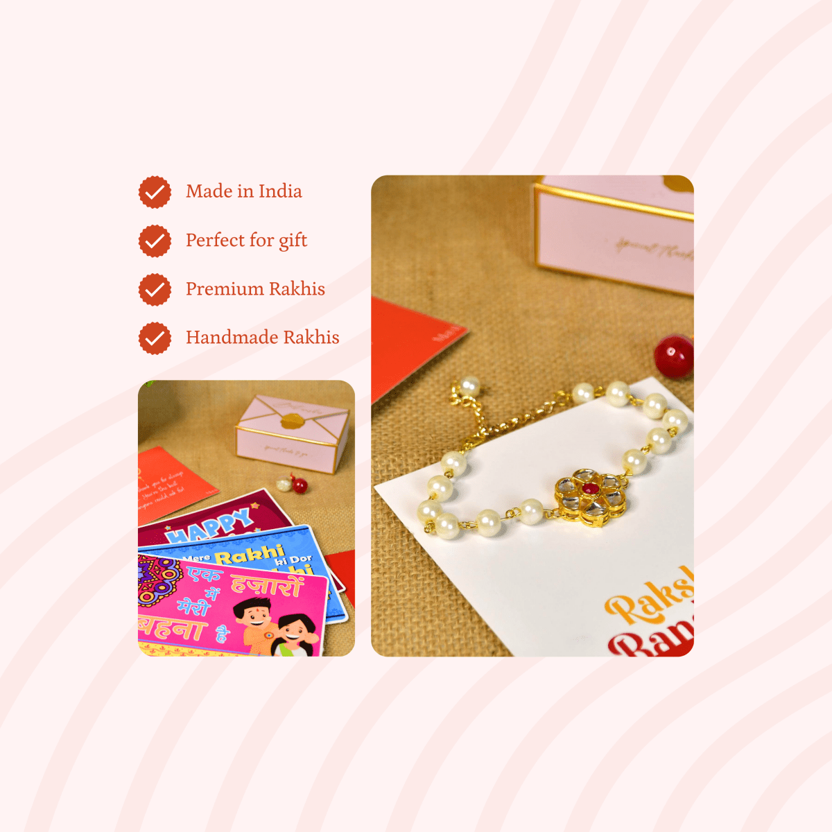 Sowpeace Exquisite Pearl Rakhi Pack of 1 with Roli Chawal and Greeting card combo for Raksha Bandhan and Gifting