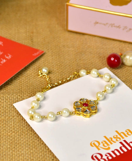 Sowpeace Exquisite Pearl Rakhi Pack of 1 with Roli Chawal and Greeting card combo for Raksha Bandhan and Gifting