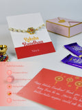 Sowpeace Exquisite Pearl Rakhi Pack of 1 with Roli Chawal Thali, Chocolates, and Greeting card combo for Raksha Bandhan and Gifting - Rakhi - Sowpeace - Sowpeace Exquisite Pearl Rakhi Pack of 1 with Roli Chawal Thali, Chocolates, and Greeting card combo for Raksha Bandhan and Gifting - RAK - PRL - HND - P3 - Sowpeace