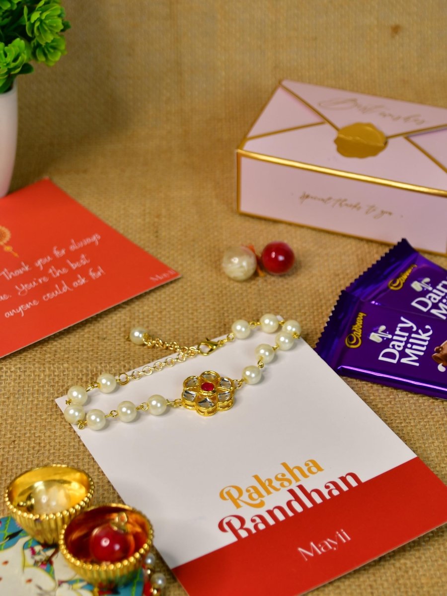 Sowpeace Exquisite Pearl Rakhi Pack of 1 with Roli Chawal Thali, Chocolates, and Greeting card combo for Raksha Bandhan and Gifting