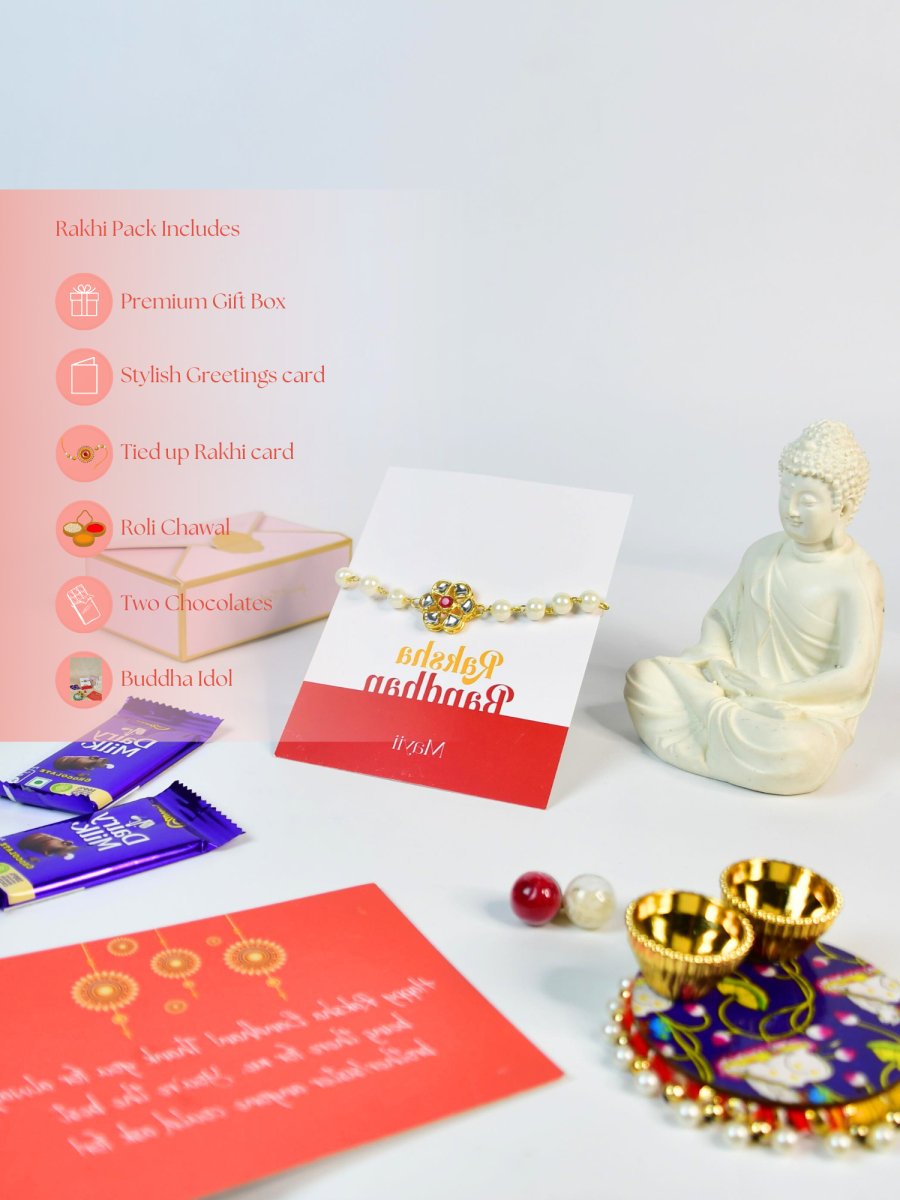 Sowpeace Exquisite Pearl Rakhi Pack of 1 with Roli Chawal Thali, Chocolates, Buddha and Greeting card combo for Raksha Bandhan and Gifting - Rakhi - Sowpeace - Sowpeace Exquisite Pearl Rakhi Pack of 1 with Roli Chawal Thali, Chocolates, Buddha and Greeting card combo for Raksha Bandhan and Gifting - RAK - PRL - HND - P4 - Sowpeace