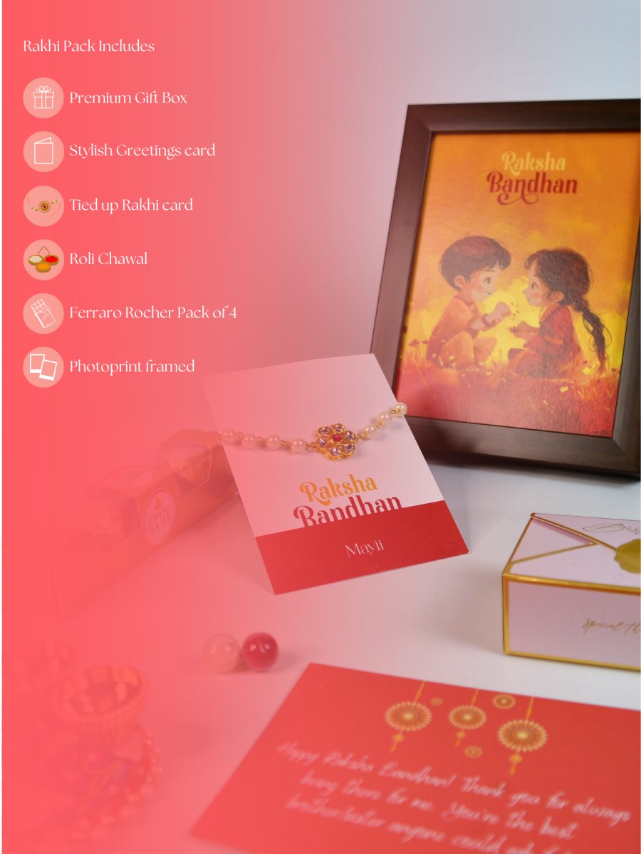 Sowpeace Exquisite Pearl Rakhi Pack of 1 with Roli Chawal Thali, Chocolates, Photo Frame and Greeting card combo for Raksha Bandhan and Gifting