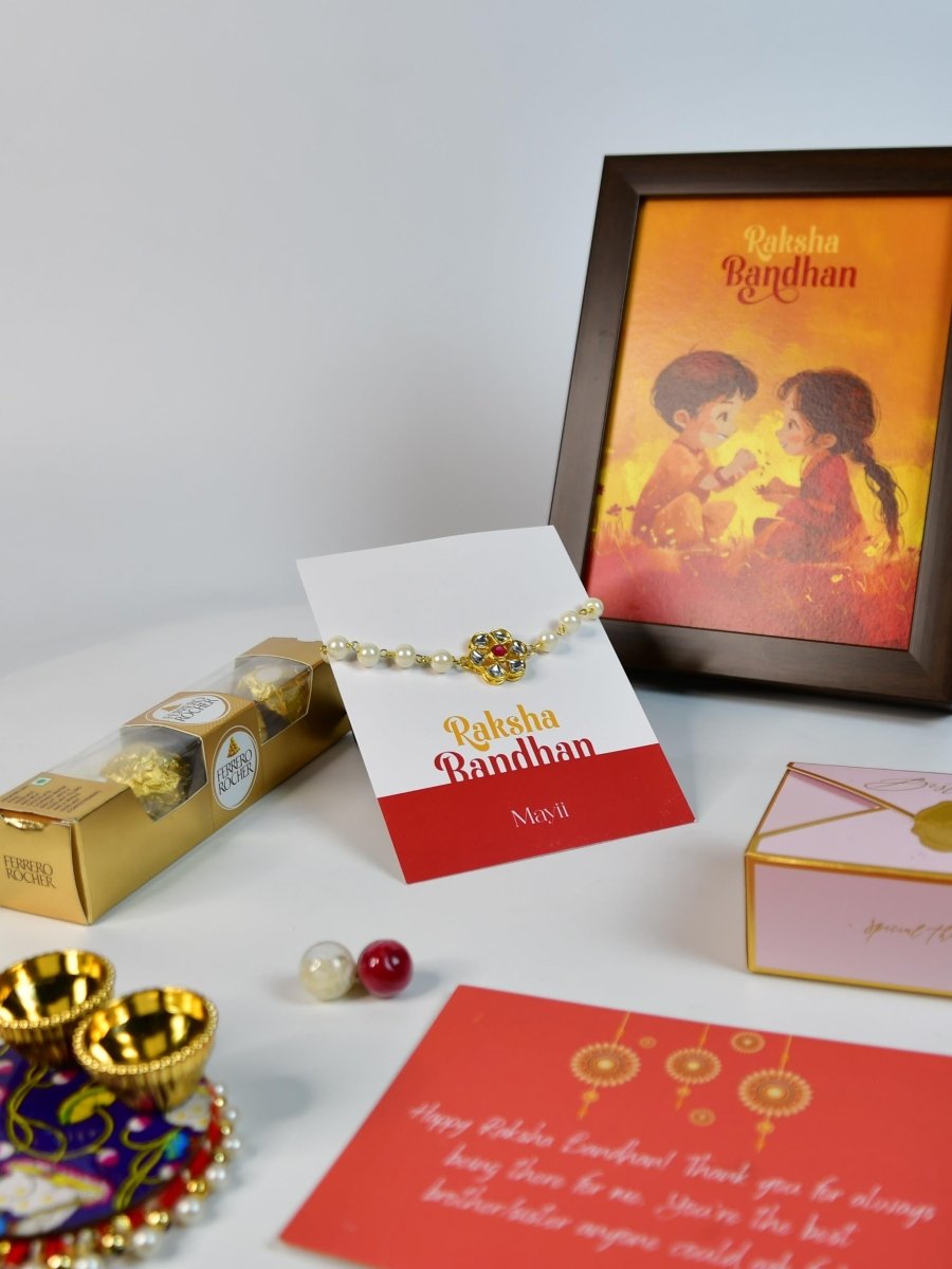 Sowpeace Exquisite Pearl Rakhi Pack of 1 with Roli Chawal Thali, Chocolates, Photo Frame and Greeting card combo for Raksha Bandhan and Gifting