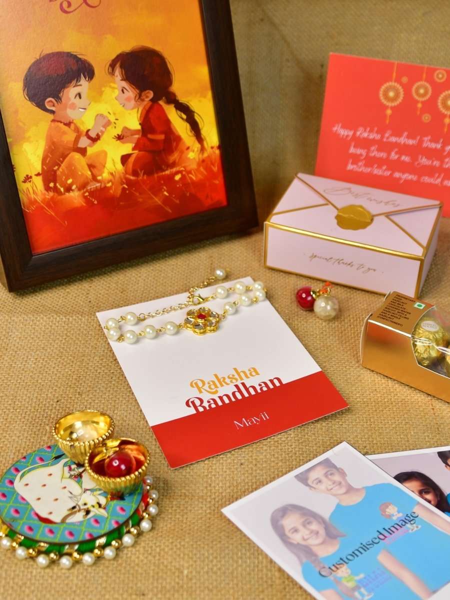 Sowpeace Exquisite Pearl Rakhi Pack of 1 with Roli Chawal Thali, Chocolates, Photo Frame, Poloroids and Greeting card combo for Raksha Bandhan and Gifting - Rakhi - Sowpeace - Default Title - RAK - PRL - HND - P7 - Sowpeace