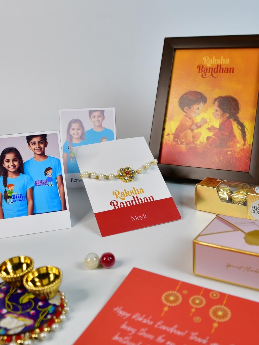 Sowpeace Exquisite Pearl Rakhi Pack of 1 with Roli Chawal Thali, Chocolates, Photo Frame, Poloroids and Greeting card combo for Raksha Bandhan and Gifting