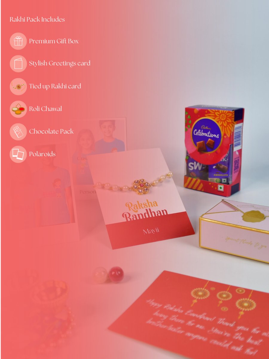 Sowpeace Exquisite Pearl Rakhi Pack of 1 with Roli Chawal Thali, Chocolates, Poloroids and Greeting card combo for Raksha Bandhan and Gifting