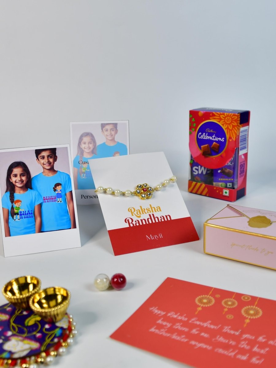 Sowpeace Exquisite Pearl Rakhi Pack of 1 with Roli Chawal Thali, Chocolates, Poloroids and Greeting card combo for Raksha Bandhan and Gifting