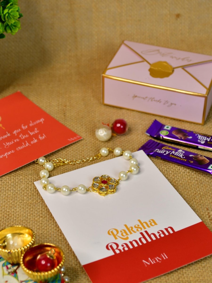 Sowpeace Exquisite Pearl Rakhi Pack of 1 with Roli Chawal Thali, two Chocolates, and Greeting card combo for Raksha Bandhan and Gifting - Rakhi - Sowpeace - Default Title - RAK - PRL - HND - P2 - Sowpeace