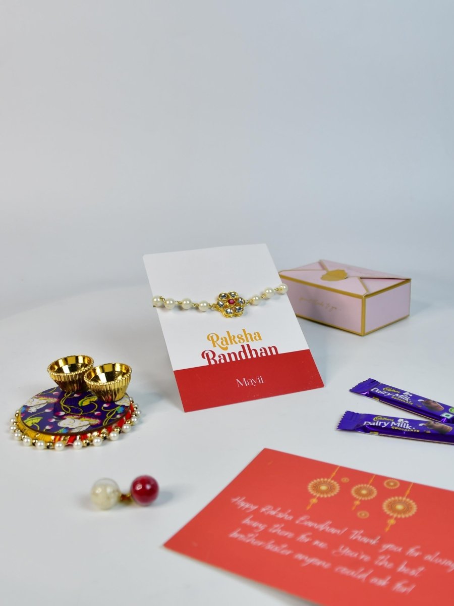 Sowpeace Exquisite Pearl Rakhi Pack of 1 with Roli Chawal Thali, two Chocolates, and Greeting card combo for Raksha Bandhan and Gifting - Rakhi - Sowpeace - Default Title - RAK - PRL - HND - P2 - Sowpeace