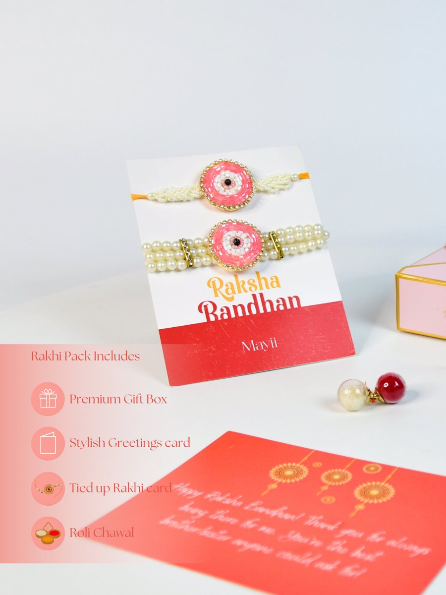 Sowpeace Exquisite Pink Circle Rakhi Pack of 1 with Roli Chawal and Greeting card combo for Raksha Bandhan and Gifting