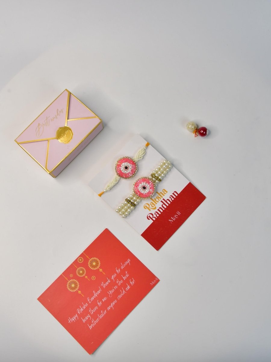 Sowpeace Exquisite Pink Circle Rakhi Pack of 1 with Roli Chawal and Greeting card combo for Raksha Bandhan and Gifting - Rakhi - Sowpeace - Sowpeace Exquisite Pink Circle Rakhi Pack of 1 with Roli Chawal and Greeting card combo for Raksha Bandhan and Gifting - RAK - PINK - HND - P1 - Sowpeace