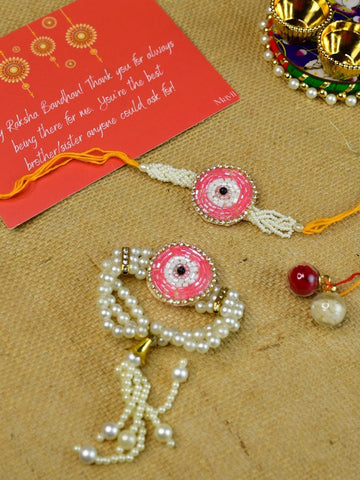 Sowpeace Exquisite Pink Circle Rakhi Pack of 1 with Roli Chawal and Greeting card combo for Raksha Bandhan and Gifting - Rakhi - Sowpeace - Default Title - RAK - PINK - HND - P1 - Sowpeace