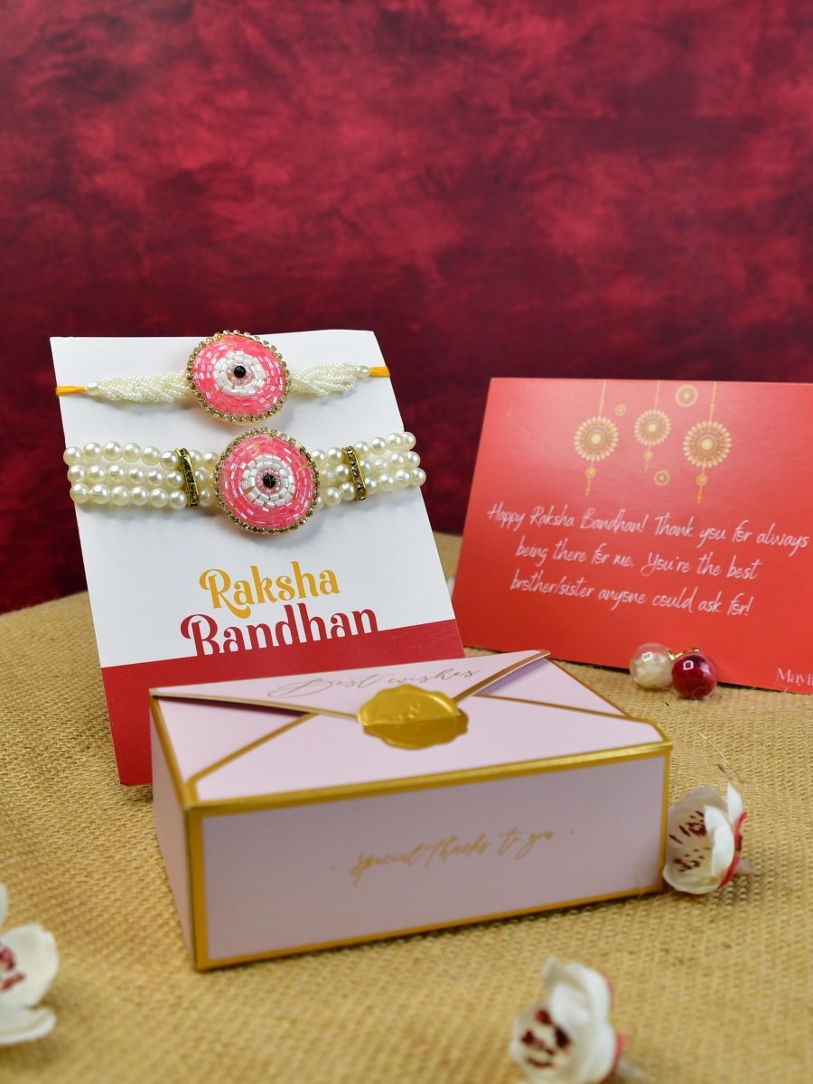 Sowpeace Exquisite Pink Circle Rakhi Pack of 1 with Roli Chawal and Greeting card combo for Raksha Bandhan and Gifting - Rakhi - Sowpeace - Default Title - RAK - PINK - HND - P1 - Sowpeace