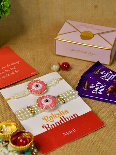 Sowpeace Exquisite Pink Circle Rakhi Pack of 1 with Roli Chawal Thali, Chocolates, and Greeting card combo for Raksha Bandhan and Gifting