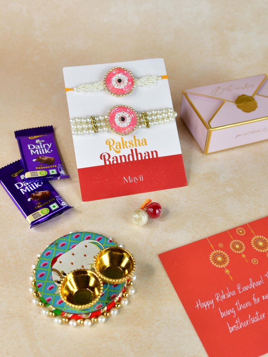 Sowpeace Exquisite Pink Circle Rakhi Pack of 1 with Roli Chawal Thali, Chocolates, and Greeting card combo for Raksha Bandhan and Gifting - Rakhi - Sowpeace - Default Title - RAK - PINK - HND - P3 - Sowpeace