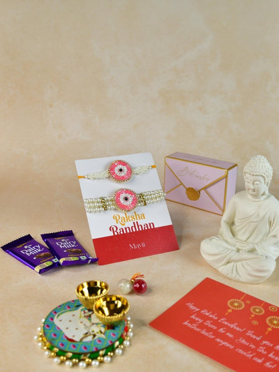 Sowpeace Exquisite Pink Circle Rakhi Pack of 1 with Roli Chawal Thali, Chocolates, Buddha and Greeting card combo for Raksha Bandhan and Gifting