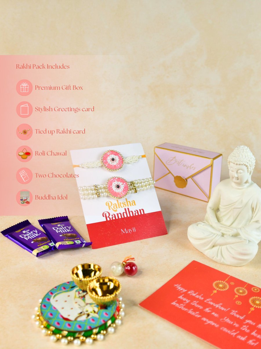 Sowpeace Exquisite Pink Circle Rakhi Pack of 1 with Roli Chawal Thali, Chocolates, Buddha and Greeting card combo for Raksha Bandhan and Gifting - Rakhi - Sowpeace - Sowpeace Exquisite Pink Circle Rakhi Pack of 1 with Roli Chawal Thali, Chocolates, Buddha and Greeting card combo for Raksha Bandhan and Gifting - RAK - PINK - HND - P4 - Sowpeace