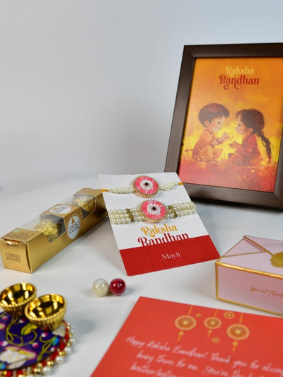 Sowpeace Exquisite Pink Circle Rakhi Pack of 1 with Roli Chawal Thali, Chocolates, Photo Frame and Greeting card combo for Raksha Bandhan and Gifting