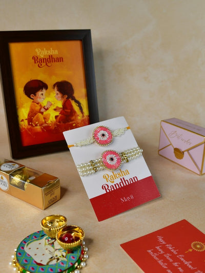 Sowpeace Exquisite Pink Circle Rakhi Pack of 1 with Roli Chawal Thali, Chocolates, Photo Frame and Greeting card combo for Raksha Bandhan and Gifting