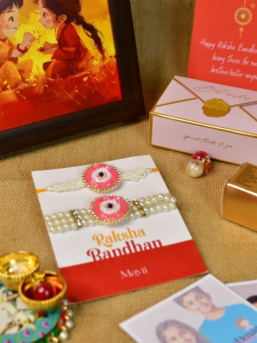 Sowpeace Exquisite Pink Circle Rakhi Pack of 1 with Roli Chawal Thali, Chocolates, Photo Frame, Poloroids and Greeting card combo for Raksha Bandhan and Gifting - Rakhi - Sowpeace - Default Title - RAK - PINK - HND - P7 - Sowpeace