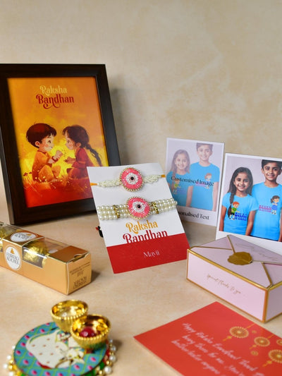 Sowpeace Exquisite Pink Circle Rakhi Pack of 1 with Roli Chawal Thali, Chocolates, Photo Frame, Poloroids and Greeting card combo for Raksha Bandhan and Gifting