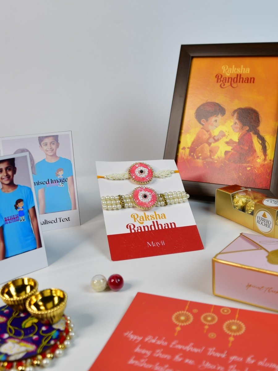 Sowpeace Exquisite Pink Circle Rakhi Pack of 1 with Roli Chawal Thali, Chocolates, Photo Frame, Poloroids and Greeting card combo for Raksha Bandhan and Gifting