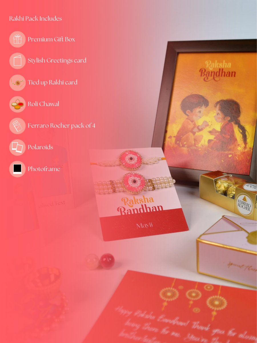 Sowpeace Exquisite Pink Circle Rakhi Pack of 1 with Roli Chawal Thali, Chocolates, Photo Frame, Poloroids and Greeting card combo for Raksha Bandhan and Gifting