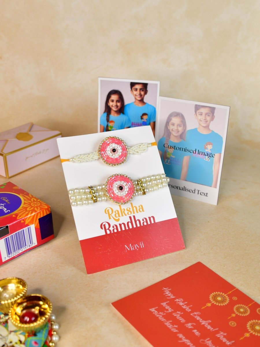 Sowpeace Exquisite Pink Circle Rakhi Pack of 1 with Roli Chawal Thali, Chocolates, Poloroids and Greeting card combo for Raksha Bandhan and Gifting - Rakhi - Sowpeace - Default Title - RAK - PINK - HND - P5 - Sowpeace