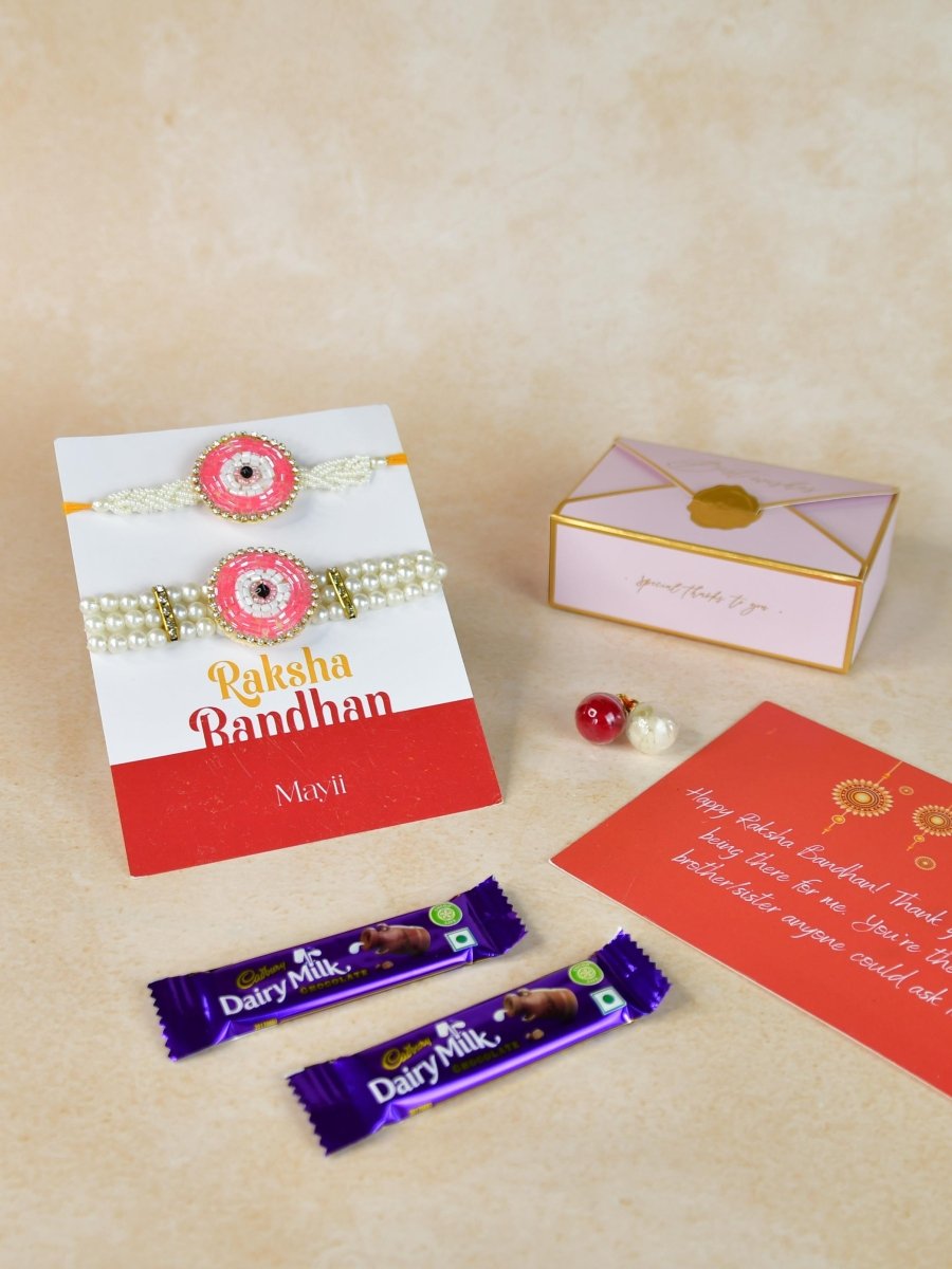 Sowpeace Exquisite Pink Circle Rakhi Pack of 1 with Roli Chawal Thali, two Chocolates, and Greeting card combo for Raksha Bandhan and Gifting - Rakhi - Sowpeace - Default Title - RAK - PINK - HND - P2 - Sowpeace