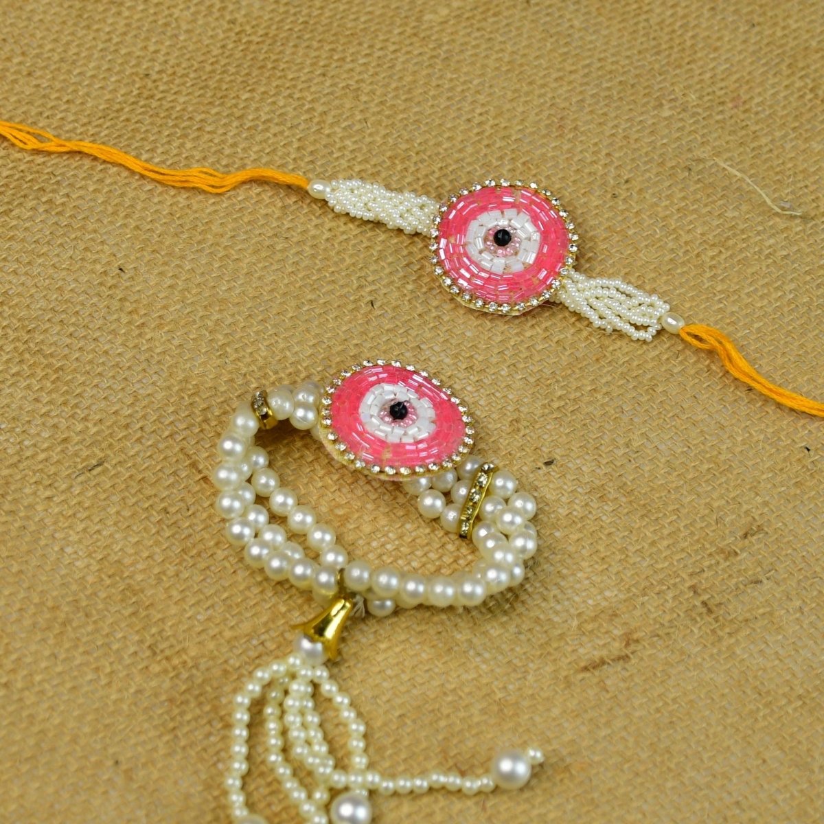Sowpeace Exquisite Pink Circle Rakhi Pack of 2 with Roli Chawal and Greeting card combo for Raksha Bandhan and Gifting