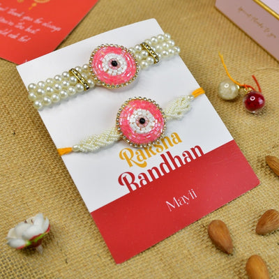 Sowpeace Exquisite Pink Circle Rakhi Pack of 2 with Roli Chawal and Greeting card combo for Raksha Bandhan and Gifting