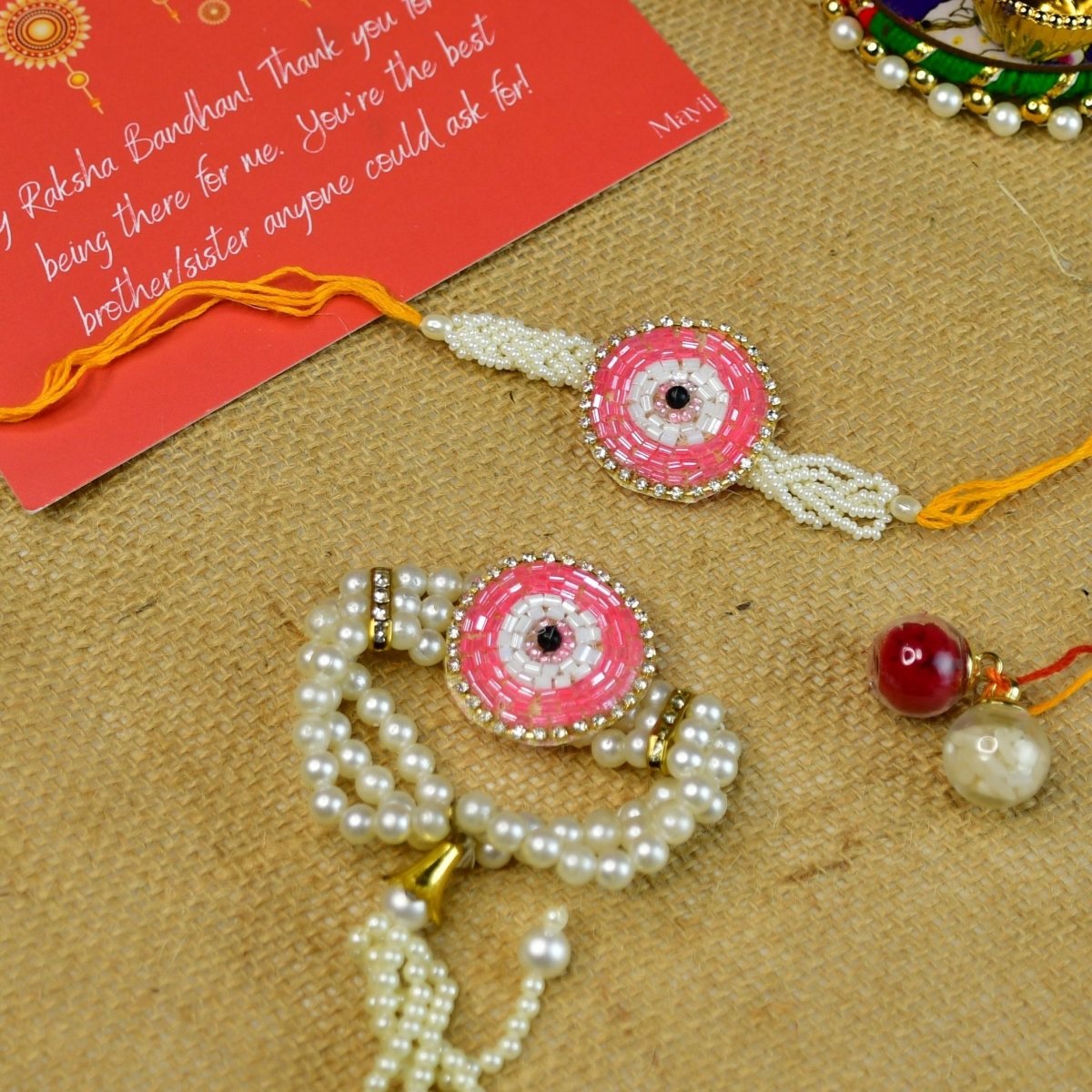 Sowpeace Exquisite Pink Circle Rakhi Pack of 2 with Roli Chawal and Greeting card combo for Raksha Bandhan and Gifting