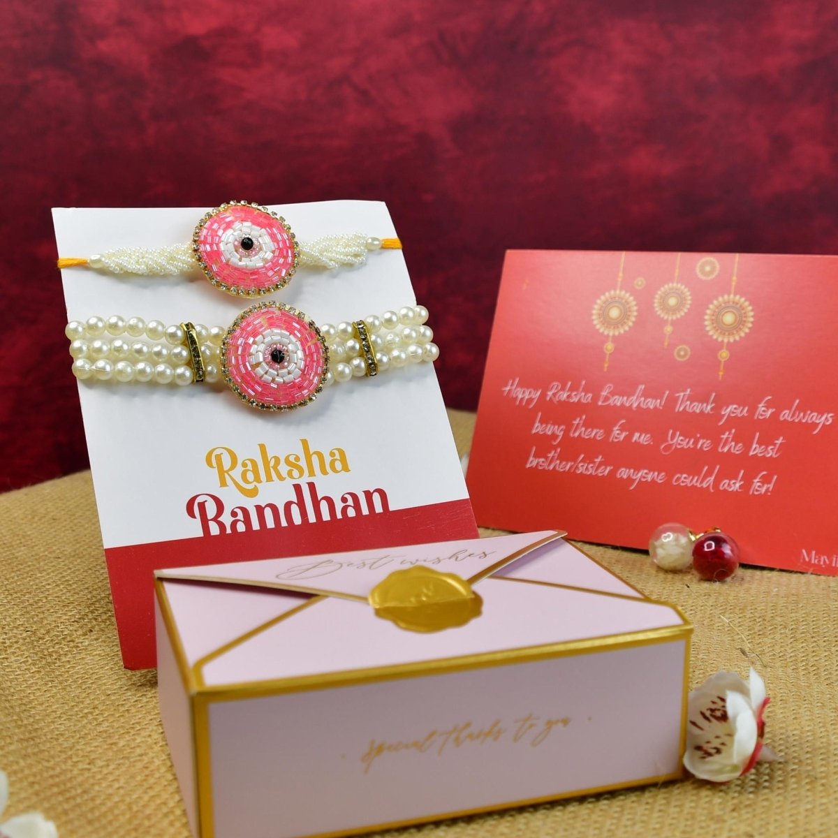 Sowpeace Exquisite Pink Circle Rakhi Pack of 2 with Roli Chawal and Greeting card combo for Raksha Bandhan and Gifting - Sowpeace - 