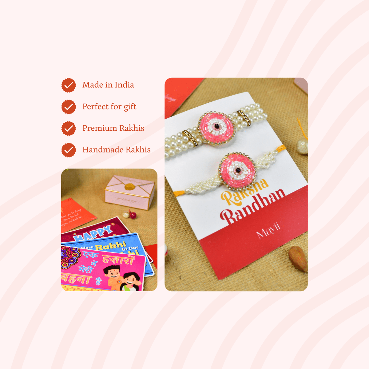 Sowpeace Exquisite Pink Circle Rakhi Pack of 2 with Roli Chawal and Greeting card combo for Raksha Bandhan and Gifting
